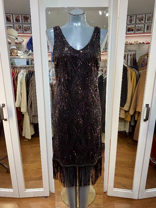 00’s Black Sequins And Fringe Revival Flapper Dress Turtleneck Warm Winter