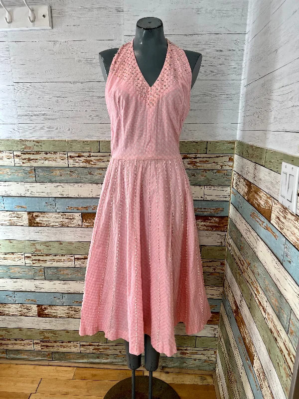 50’s Pink Halter With Embroidery Beige Details Dress Tunics Spring floral