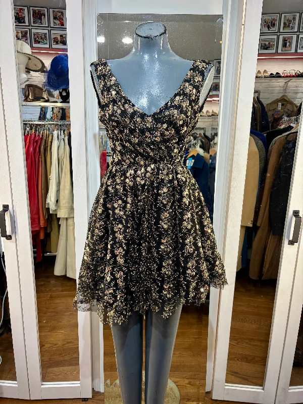 90’s Revival 50’s Gold Metallic Mesh V Neck Fit & Flare Dress Tunics Yoga stretchy