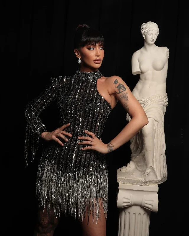 Dafina Zeqiri-High Neck Mini Fringe Dress Tunics Long Elegant