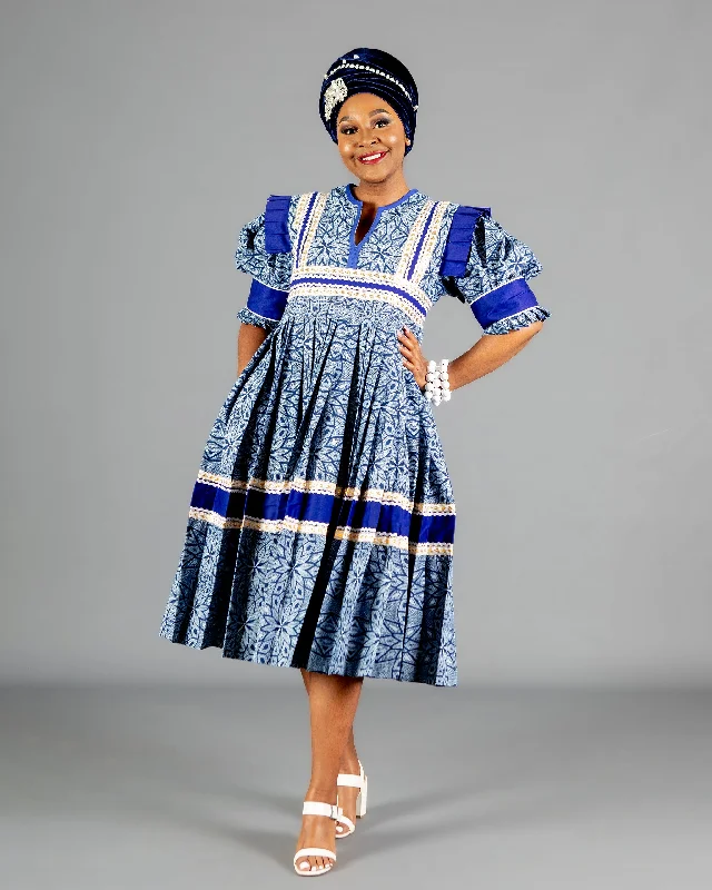 Mogoshadi Pleated Bridal Dress in Blue Print Casual Short Summer