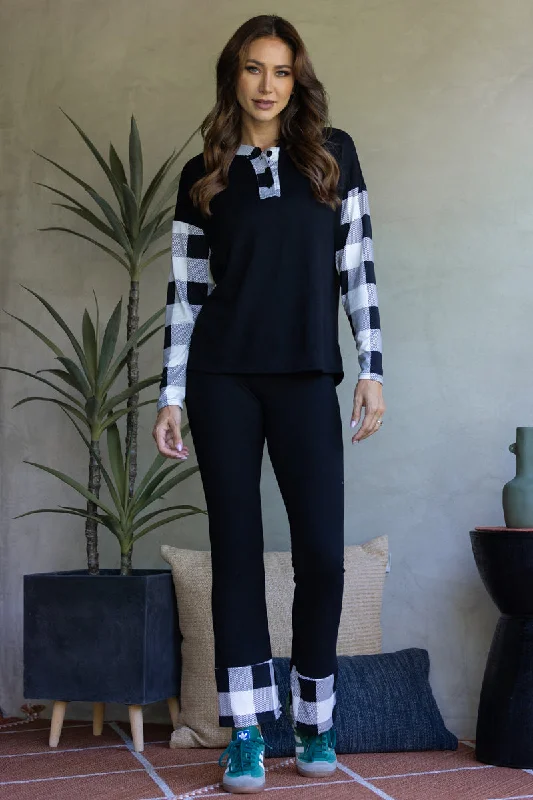 BLACK/WHITE SWEATSHIRT AND PANTS SET-ST7656 Hoodie with Set-In Sleeves Structured Classic