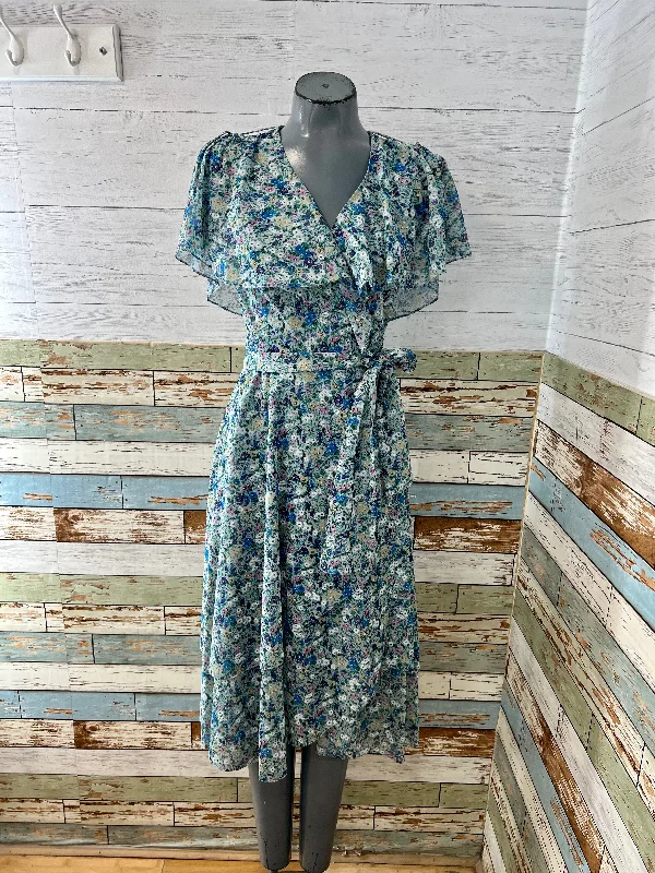 70’s Blue Multicolor Flower Print Wrap Ruffle Dress Tunics Silk luxurious