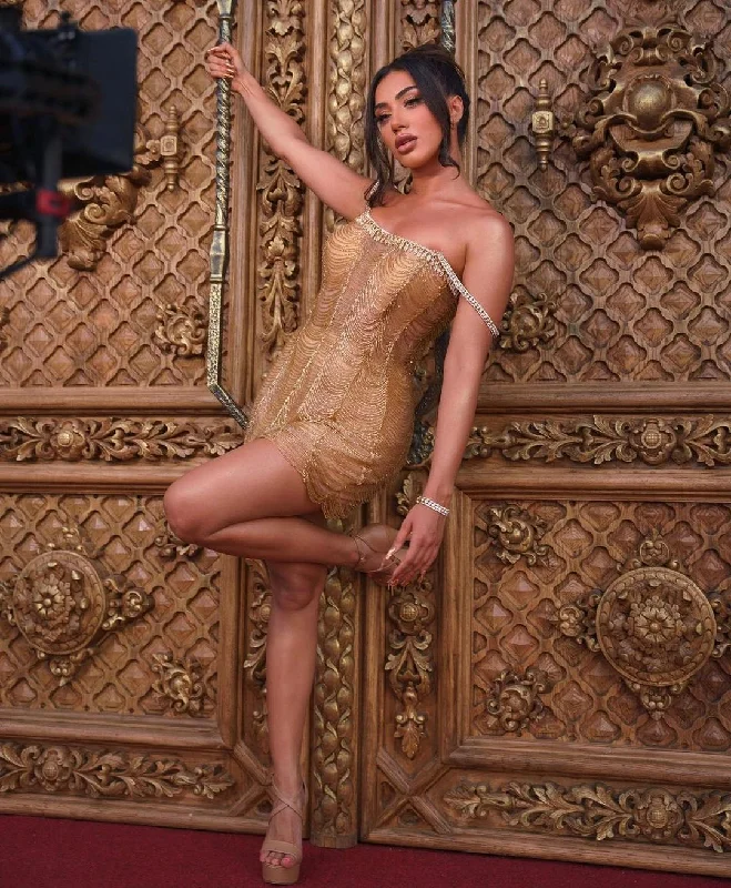 Melinda Ademi-Short Gold Tassel Dress Tunics Print Colorful