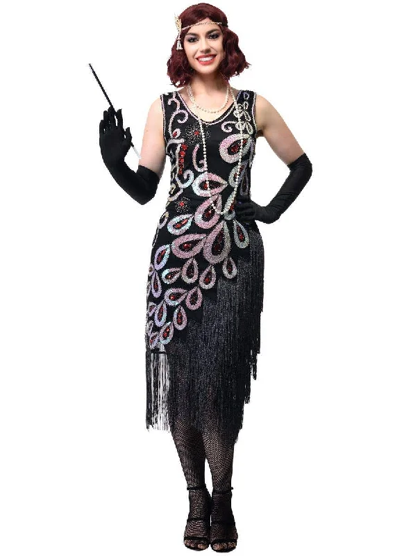 Sparkly Black Plus Size Womens 1920s Dress with Asymmetrical Fringe Tunics Office stylish