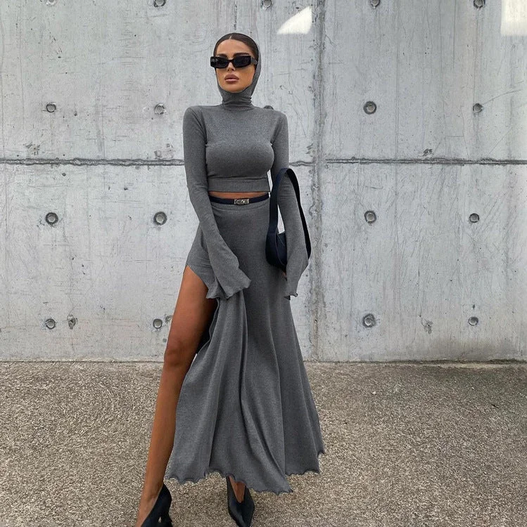 Women Clothing Short Hood Top High Waist Side Slit Unique Skirt Spring Autumn Two Piece Set Women chiffon skirt delicate