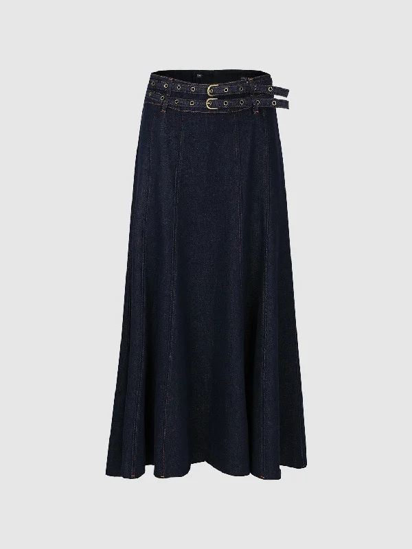 Midi Denim Skirt With Double Belts denim skirt classic