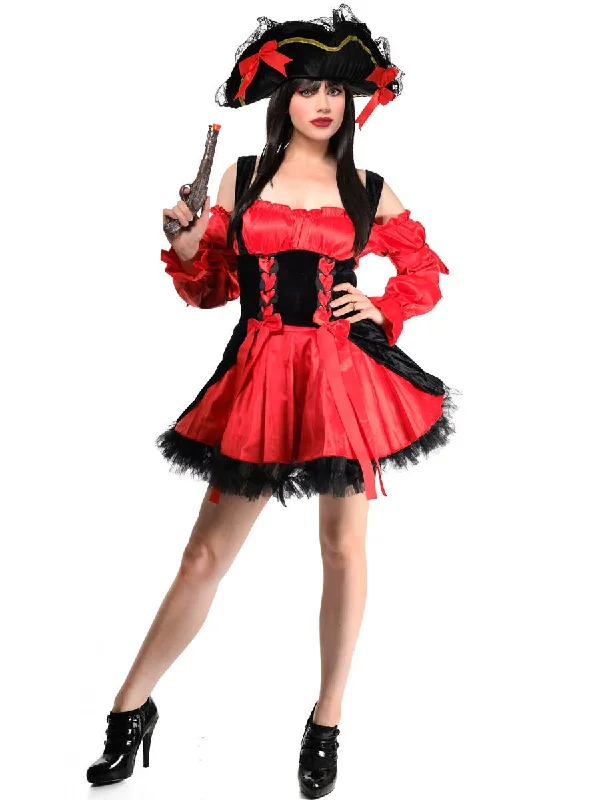 Red Caribbean Womens Pirate Fancy Dress Costume Tunics Trendy modern