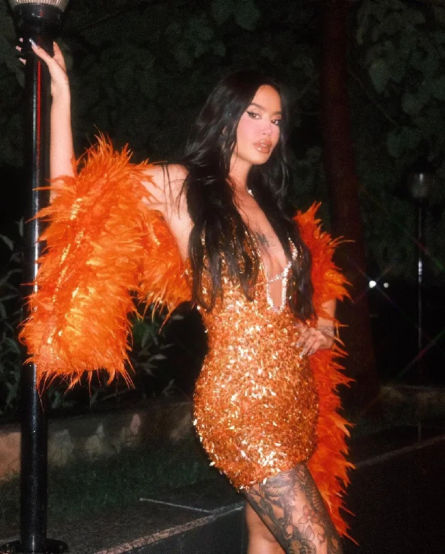 Dafina Zeqiri- Orange Feathered Dress Tunics Solid Classic
