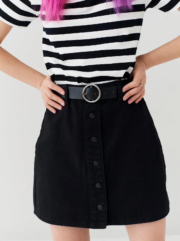 LO Button Through Skirt - Black leather skirt sleek