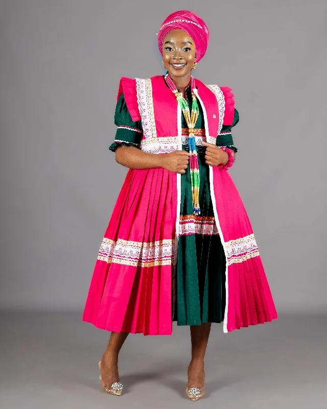 Mogoshadi Pleated Bridal Dress Set in Green & Pink Maxi Flowy Bohemian