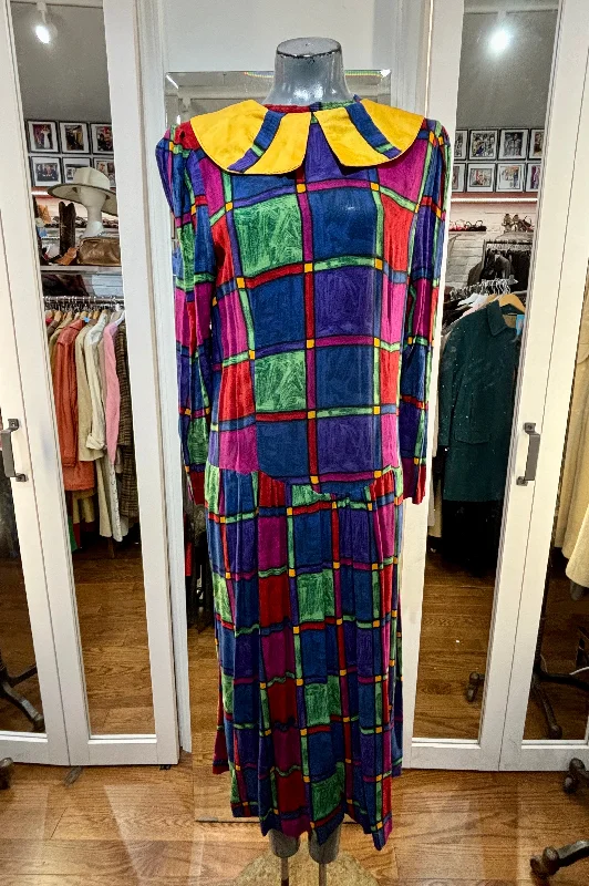 80’s Blue Multicolor Print Dress With Yellow Collar Details Tunics Winter warm