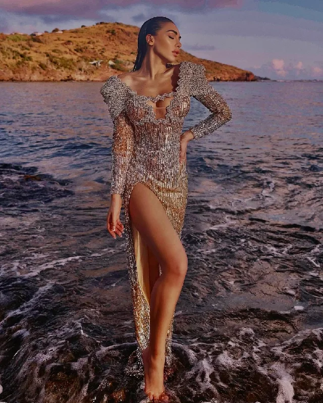 Elisa De Panicis-GOLD & SILVER SEQUIN DRESS WITH SIDE SLIT Boat Neckline Classic