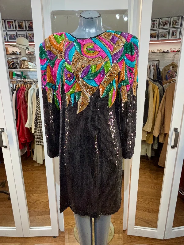 80’s Black Multicolor Sequins Dress By Carina Tunics Long Elegant