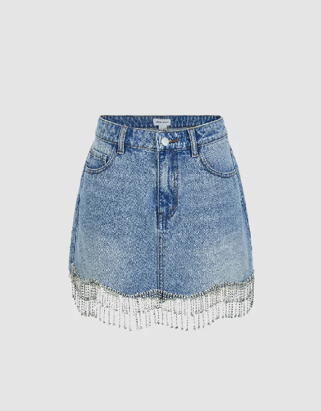 Rhinestone Hem Mini Straight Denim Skirt leather skirt bold