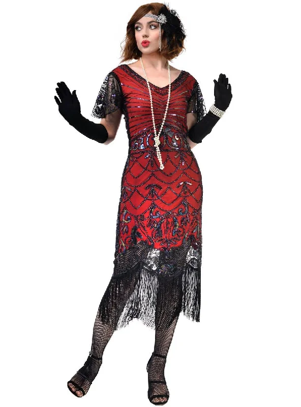 Roaring 20s Womens Red and Black Gatsby Dress with Flutter Sleeves Maxi Flowy Bohemian