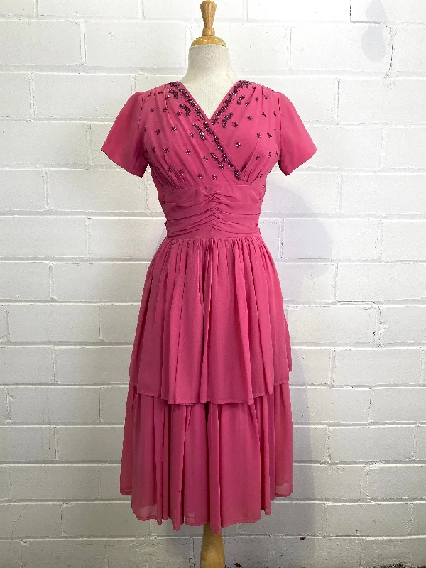 Vintage 1960s Short-Sleeve Beaded Pink Tiered Skirt  Dress, Small Tunics New arrival