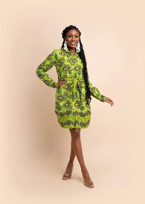 Brenda African Print Dress (Green)-Sample Tunics Trousers formal