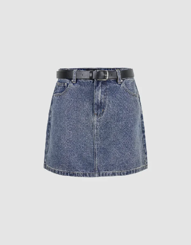 Mini A-Line Denim Skirt With Belt linen skirt light