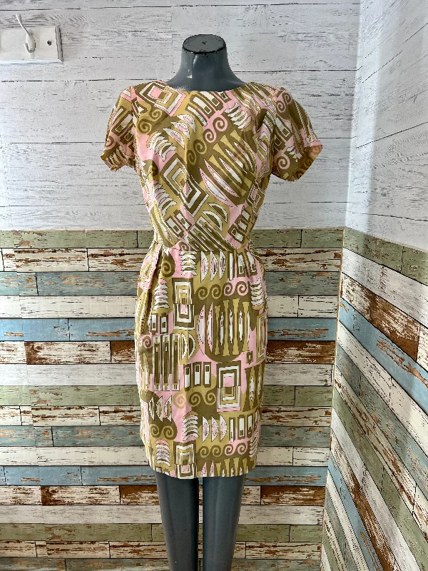 60’s Beige & Pink Short Sleeve Print Dress Tunics Fall fleece