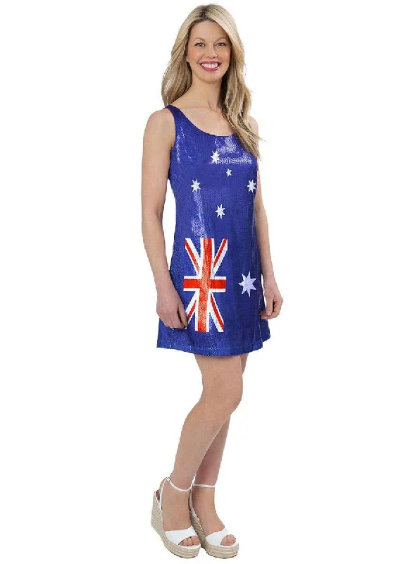 Sequinned Blue Aussie Flag Plus Size Womens Costume Dress Tunics stripes playful