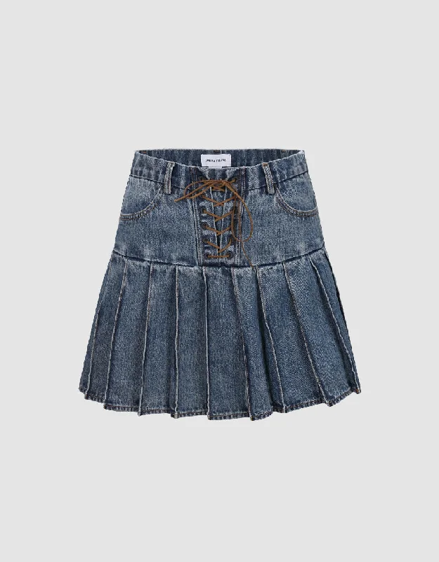 Pleated Lace Up Mini Denim Skirt satin skirt smooth