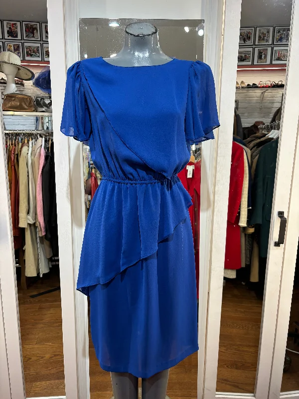 80’s Royal Blue  Ruffle Slibe And Waist Dress By Sheena Tunics Plaid country