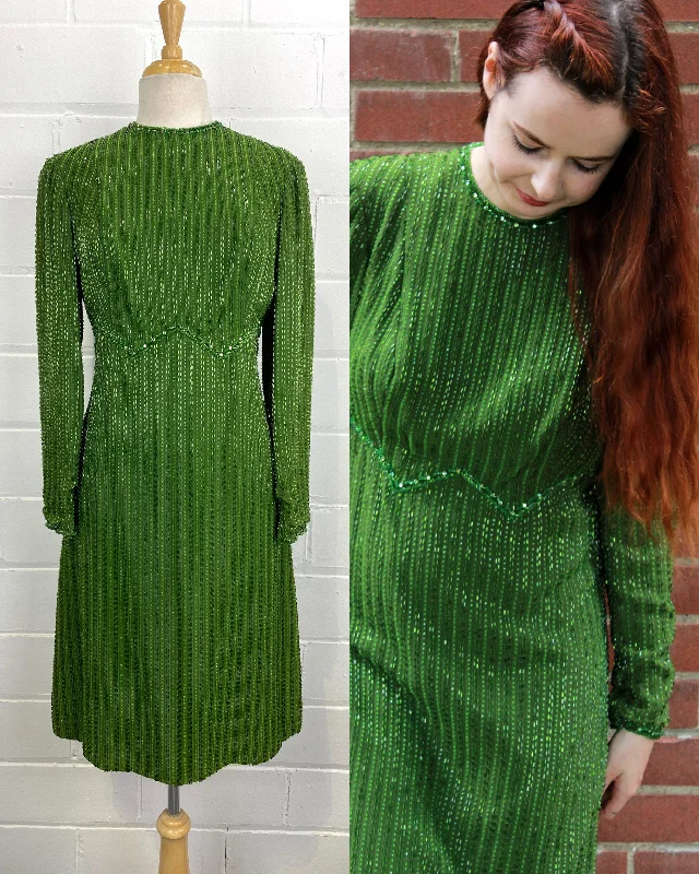 Vintage 1960s Green Fully Beaded Long-Sleeve Dress, Medium Tunics Sale discount