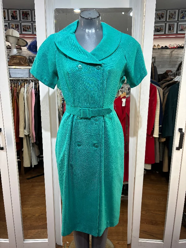 90’s Turquoise Blue Short Sleeve Double Breasted Dress Tunics Chic elegant