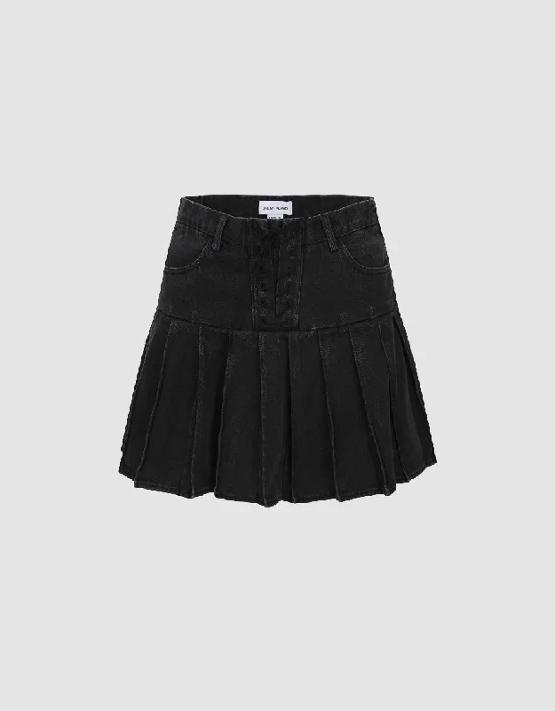 Pleated Mini A-Line Denim Skirt corduroy skirt cozy