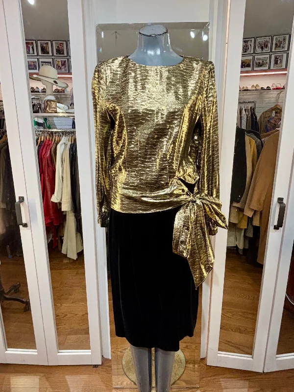 80’s Metallic Lame Gold & Black Holiday Dress Tunics Floral girly