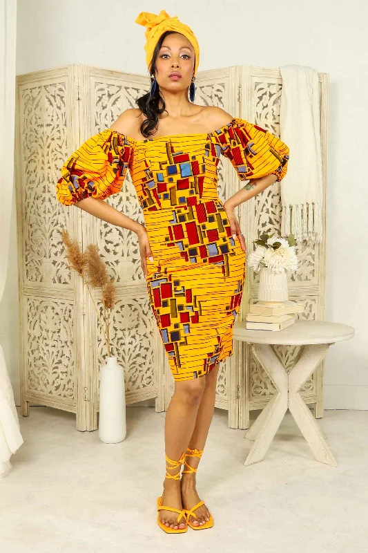 KADELA African Print Pencil Dress (Puff Sleeves) Tunics Sophisticated sleek