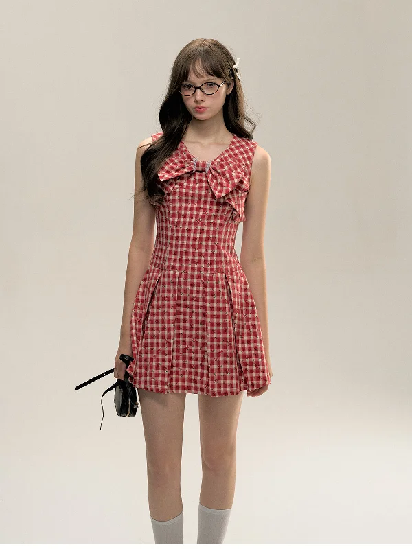 Red Gingham Sleeveless Round-neck Dress Tunics Trendy modern