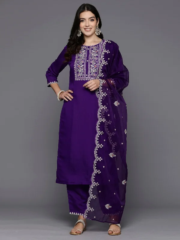 Women Purple Embroidered Straight Kurta Trousers With Dupatta Set - Taantav Trousers Evening Elegant