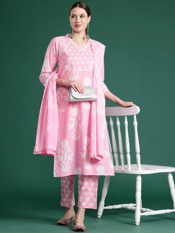 Women Pink Printed Straight Kurta Trousers With Dupatta Set - Taantav Trousers Office Stylish