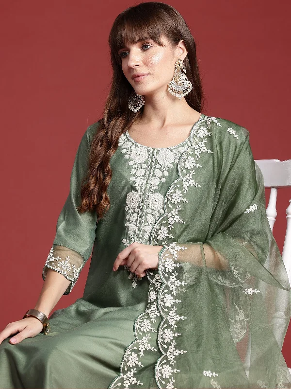 Women Green Embroidered Straight Kurta Trousers With Dupatta Set - Taantav Trousers Leisure Comfortable