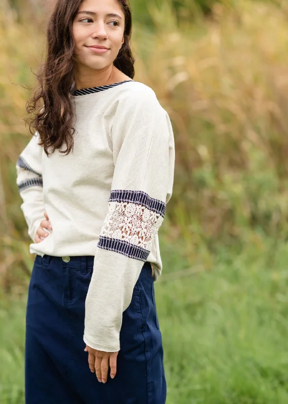 Boat Neck Crochet Lace Sleeve Sweatshirt - FINAL SALE Hoodie with Drop Shoulder Relaxed Streetwear