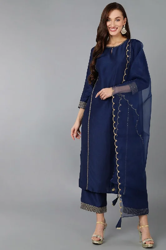 Ahika Navy Blue Silk Blend Solid Straight Kurta Trousers With Dupatta Trousers Fleece Cozy