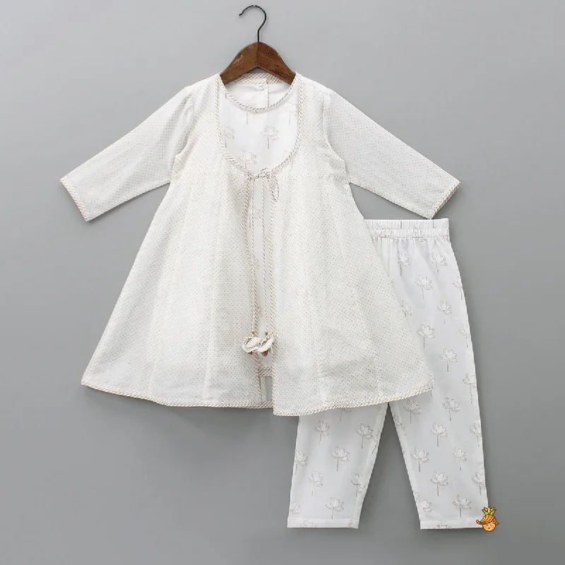 Lotus Printed Kurti With Fringes Detail Polka Dots Off White Tie Up Jacket And Pant Print Jacket Jacquard Jacket Patchwork Jacket Lotus Printed Kurti With Fringes Detail Polka Dots Off White Tie Up Jacket And Pant Print Jacket Jacquard Jacket Patchwork Jacket