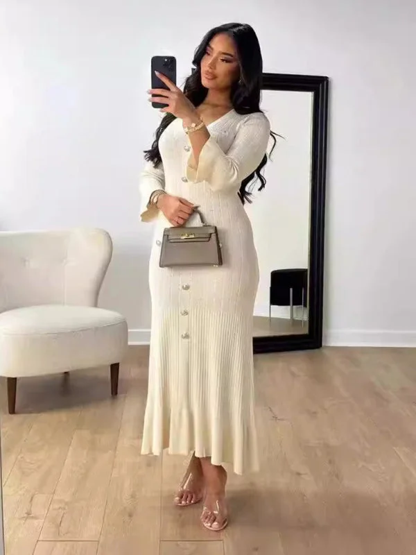 Autumn Winter Fashion Long Slim Fit Knitted Long-sleeved Dress +