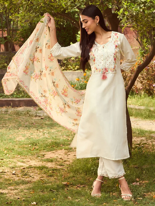 Women White Embroidered Straight Kurta Trousers With Dupatta Set - Taantav Trousers Essential Wardrobe