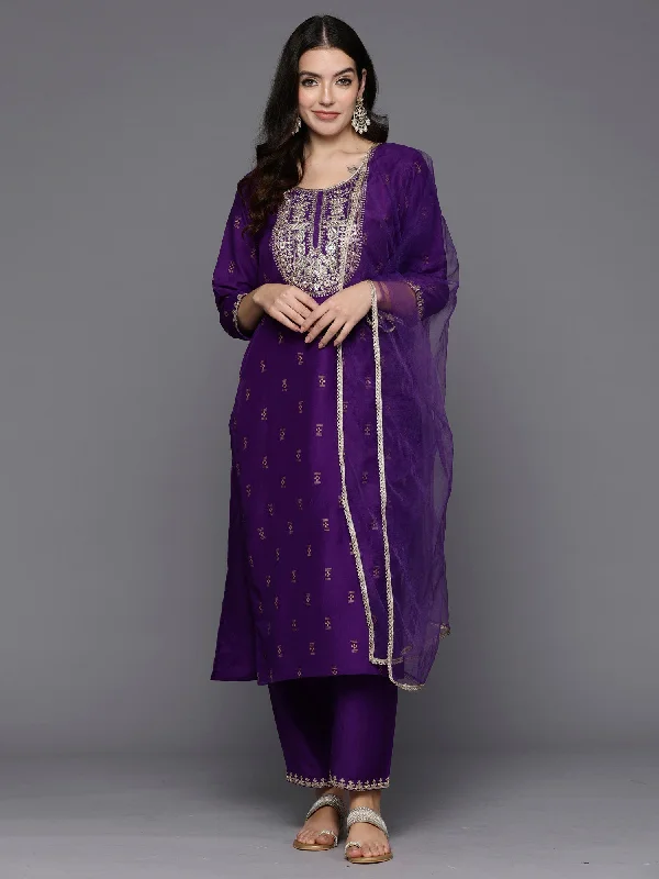 Women Purple Embroidered Straight Kurta Trousers With Dupatta Set - Taantav Trousers Cargo pockets