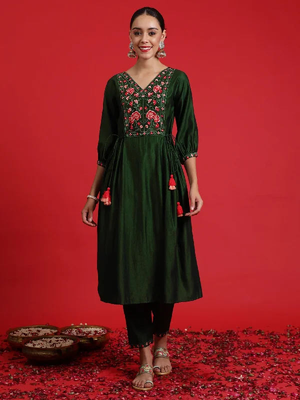 Women Green Embroidered A-Line Kurta Trousers Set - Taantav Trousers Designer Luxury