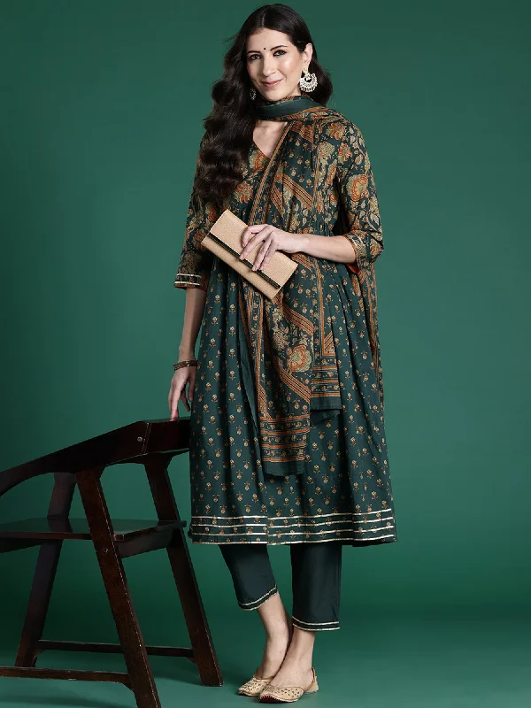 Women Green Printed A-Line Kurta Trousers With Dupatta Set - Taantav Wide Leg Loose Fit Mid Waist