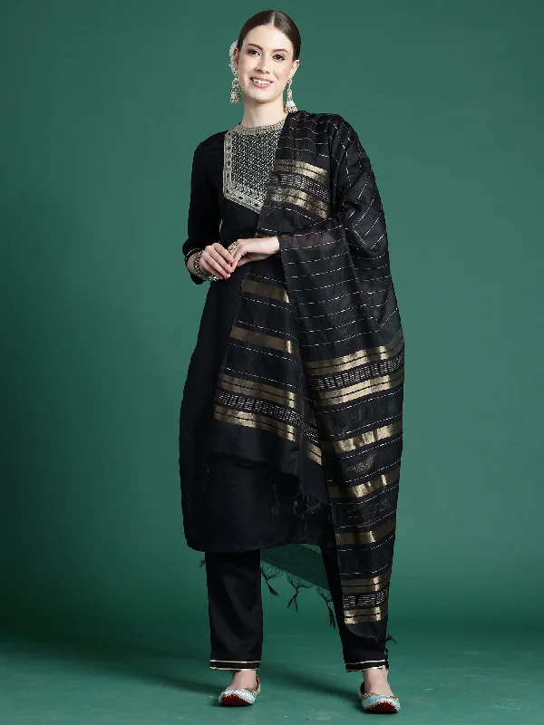 Women Black Self Design Straight Kurta Trousers With Dupatta Set - Taantav Trousers practical durable