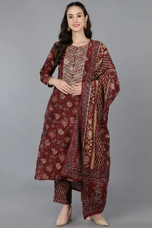 Ahika Maroon Silk Blend Floral Straight Kurta Trousers With Dupatta Trousers practical easy-care