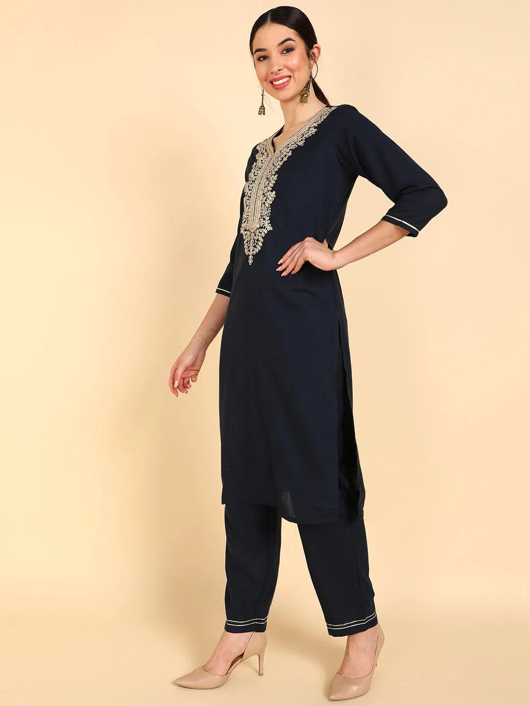 Ahika Poly Silk Embroidered Kurta Trousers With-PKSKD1227A_XS Trousers Bootcut Casual