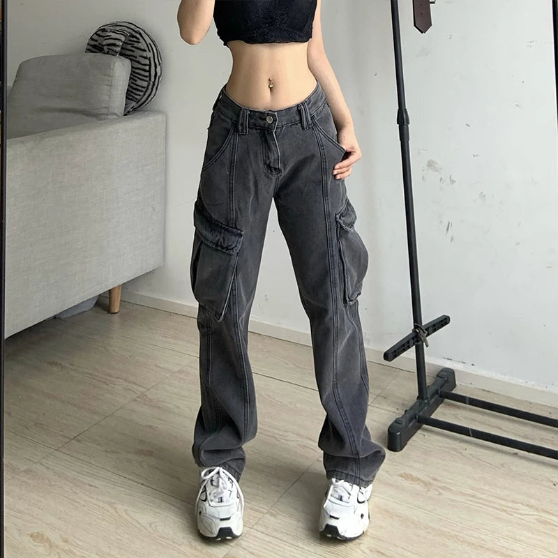Advbridge High Waisted Retro Women's Summer Cargo Pants Multiple Pockets Dark Gray Vintage Fashion Tooling Style Straight Wide Leg Trouser Trousers luxurious premium Advbridge High Waisted Retro Women's Summer Cargo Pants Multiple Pockets Dark Gray Vintage Fashion Tooling Style Straight Wide Leg Trouser Trousers luxurious premium