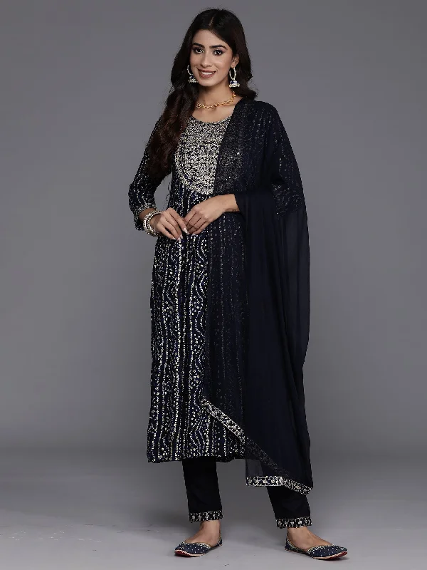 Women Blue Embroidered A-Line Kurta Trousers With Dupatta Set - Taantav Trousers luxurious high-end