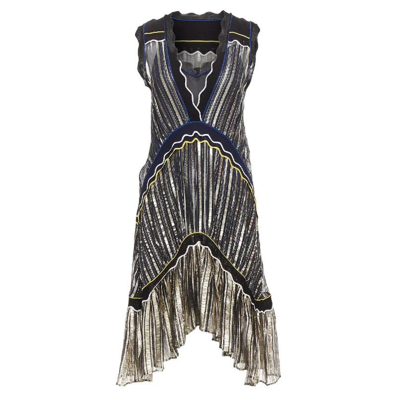 Peter Pilotto Metallic Trim Pleated V-Neck Knee Dress